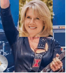 a woman is holding a guitar in front of a clock that shows the time as 10:10