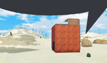 a computer generated image of a desert landscape with a red building in the middle