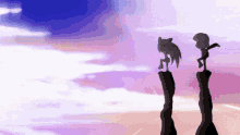 a cartoon drawing of sonic and amy standing on a cliff