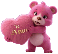 a pink teddy bear holds a pink heart that says te amo