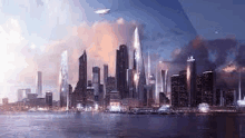 an artist 's impression of a futuristic city skyline at night with a plane flying overhead .