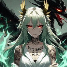 a girl with green hair has a tattoo that says toto macau on her chest