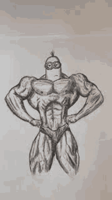 a black and white drawing of a very muscular minion with his hands on his hips .