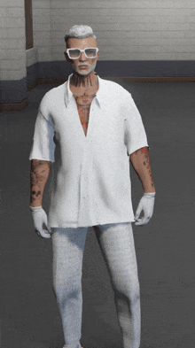 a man in a white shirt and white pants has a tattoo on his chest