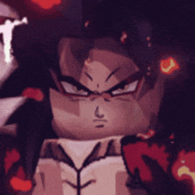 a close up of a cartoon character 's face with red flames behind him