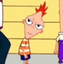 a close up of a cartoon character with a red mohawk standing next to a man .