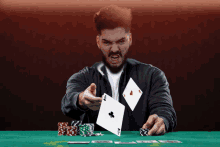 a man is throwing playing cards in the air including an ace of clubs