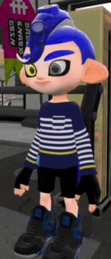 a cartoon squid wearing a striped shirt and black shorts