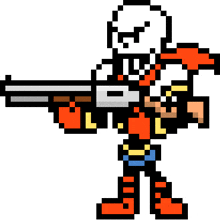 papyrus from undertale is holding a gun in his hand .