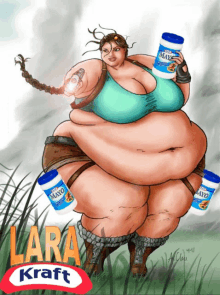 a cartoon of lara croft from tomb raider holding jars of kraft mayo