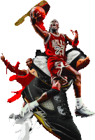 a basketball player wearing a bulls jersey is jumping in the air