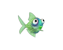 a green and blue fish with big eyes and a funny face