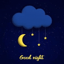 a good night greeting card with a cloud , crescent moon and stars .