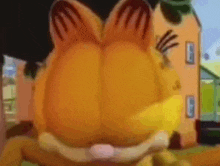 a close up of garfield 's back with a house in the background