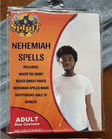 a package of nehemiah spells includes a white tee shirt