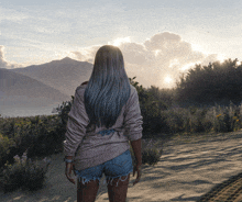 a woman with blue hair stands in front of a sunset