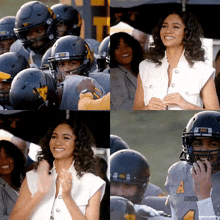 a woman in a white shirt stands in front of a group of football players wearing black helmets with the letter t on them