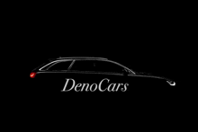 a silhouette of a black car with the word denocars on it .