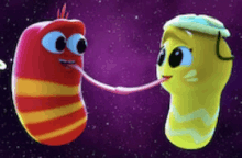 two cartoon characters one red and one yellow are holding hands in space