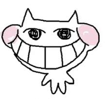 a black and white drawing of a cat with a big smile and bubble gum in its ears