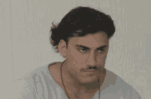 a man with a mustache is wearing a gray shirt and looking at the camera .