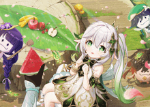 a girl with white hair and green eyes is surrounded by fruit and flowers and a drawing of a girl with white hair and green ears