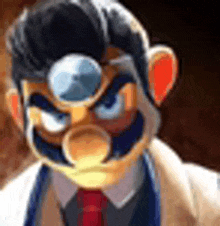 a close up of a cartoon character wearing a suit and tie with a mask on his face .