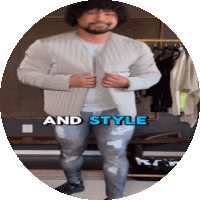 a man with a beard is wearing a jacket and jeans with the words " and style " above him