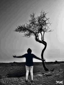 a black and white photo of a person standing in front of a tree with vue written on the bottom right