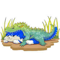 a cartoon drawing of a blue and white dog laying next to an alligator