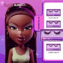 a bratz doll is wearing false eyelashes and a headband .