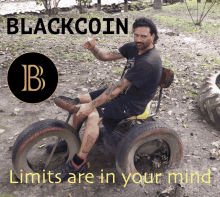 a man is sitting on a tire with the words " limits are in your mind " above him