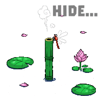 a cartoon of a dragonfly sitting on a bamboo stick with the words " hide " above it