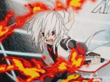 a boy with white hair and red eyes is holding a sword and surrounded by flames .