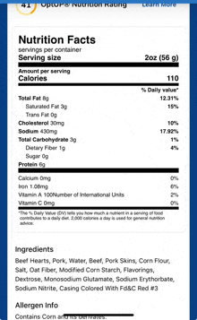 a nutrition facts label for beef hearts pork water beef pork skins corn flour and sodium nitrite