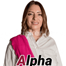 a woman wearing a pink sash that says alpha on it