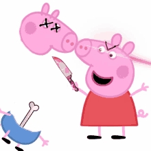 a cartoon of peppa pig holding a bloody knife and a dead pig