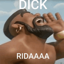 a cartoon man with a beard is laughing with the words dick ridaaaa written on the bottom of his face .