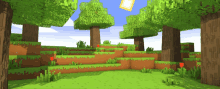 a minecraft scene with trees and grass and a sun shining through the trees