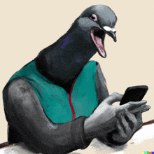 a painting of a pigeon wearing a blue vest holding a cell phone