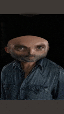 a bald man with a beard is wearing a blue denim shirt