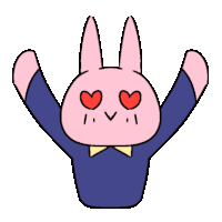 a pink bunny with hearts in its eyes is wearing a blue shirt .