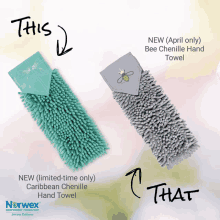 a picture of a caribbean chenille hand towel and a bee chenille hand towel from norwex