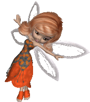 a cartoon fairy wearing an orange and gray dress with white wings