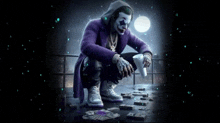 a joker in a purple suit is kneeling down on the ground holding a cup of coffee and playing cards .