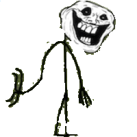 a stick figure with a troll face on it is standing and smiling .