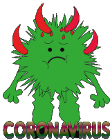 a green monster with red horns and the word coronavirus behind him