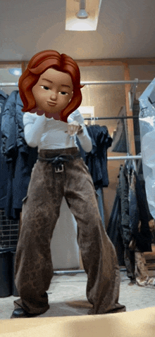 a cartoon character with red hair and brown pants is standing in front of a rack of clothes