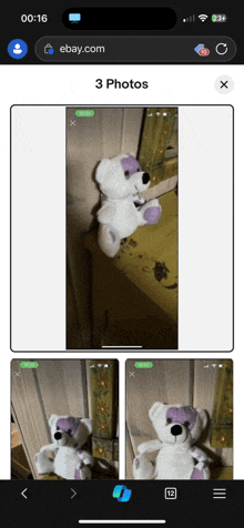 a phone screen shows three pictures of a teddy bear on ebay