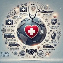 a globe with a heart and a stethoscope surrounded by icons for medical assistance healthcare and concierge services